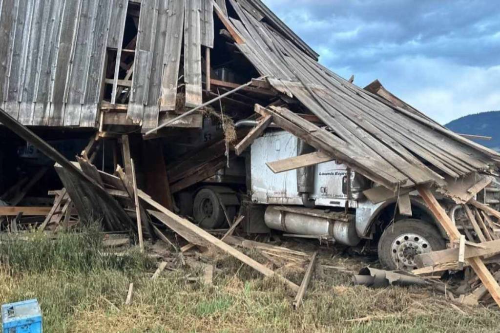 A semi truck plowed through a barn in Westwold July 16. (Submitted photo)