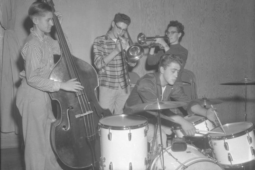 A quartet of students run through a rehearsal at Vernon High School in 1958. Unfortunately, there are no names attached to the photo. Today, Thursday, Nov. 13, is National Hug A Musician Day. (Museum and Archives of Vernon Photo No. 23010)