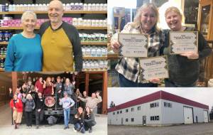 Clockwise from top left: Kathy and Tom Tarasoff of Nature&rsquo;s Health; Wendy Zimmer (right) and Janet Meuller of Old Crow Antique Emporium; Mike Sanderman of Cranbrook-based Allied Compression System, has purchased the former Tundra Steel building; The employees at CAMAL, Cranbrook History Centre and Fort Steele Heritage Town.