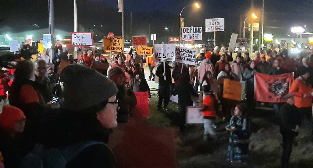Approximately 300 protesters gathered at the Ramada in Creston on Thursday evening, February 12, 2026, where OneBC leader Dallas Brodie spoke inside. (Kasha Ferguson file)