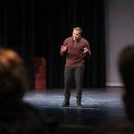 Kaleb Dahlgren speaks to a crowd of nearly 200 at Royal Bay Secondary. (Tony Trozzo/Goldstream Gazette)