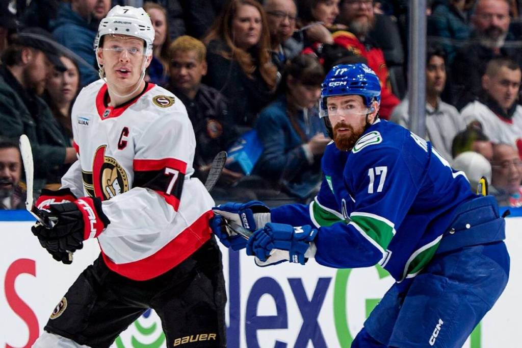 Ottawa Senators captain Brady Tkachuk, left, and Vancouver Canucks defenceman Filip Hronek battle during NHL action Monday, March 9, 2026 at Rogers Arena in Vancouver. (https://x.com/Canucks)