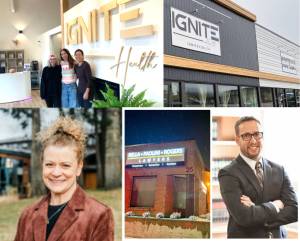 Clockwise from top left: Shayla Fiorentino, Corinna Robinson and Jess Niedermayer at Ignite Health; the new Ignite Health and Kootenay Dance Xtreme signage; Wesley Rogers of Rella Paolini Rogers; Melanie Jeannotte, co-owner of Polar Peak Books in Fernie.